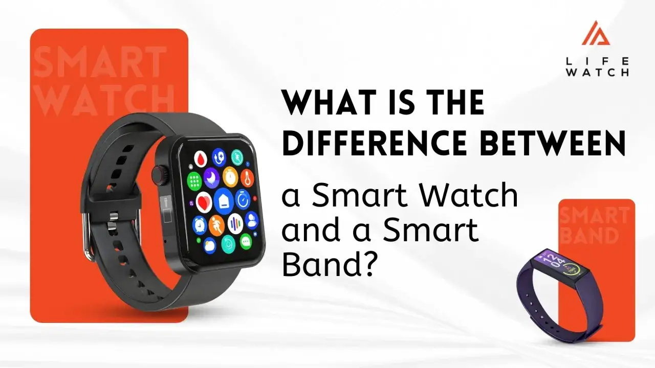 Por&oacute;wnanie smartband a smartwatch: czarny smartwatch z ikonami aplikacji obok tekstu, a po prawej fioletowy smartband.