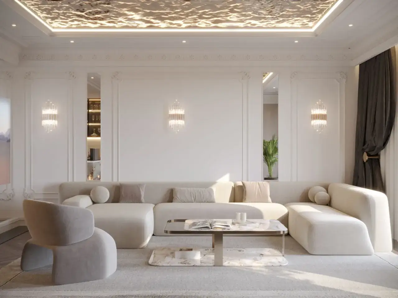 Elegancki salon z beżową kanapą i fotelem. Wzrok przyciąga efektowne oświetlenie i dekoracja co na sufit w salonie.