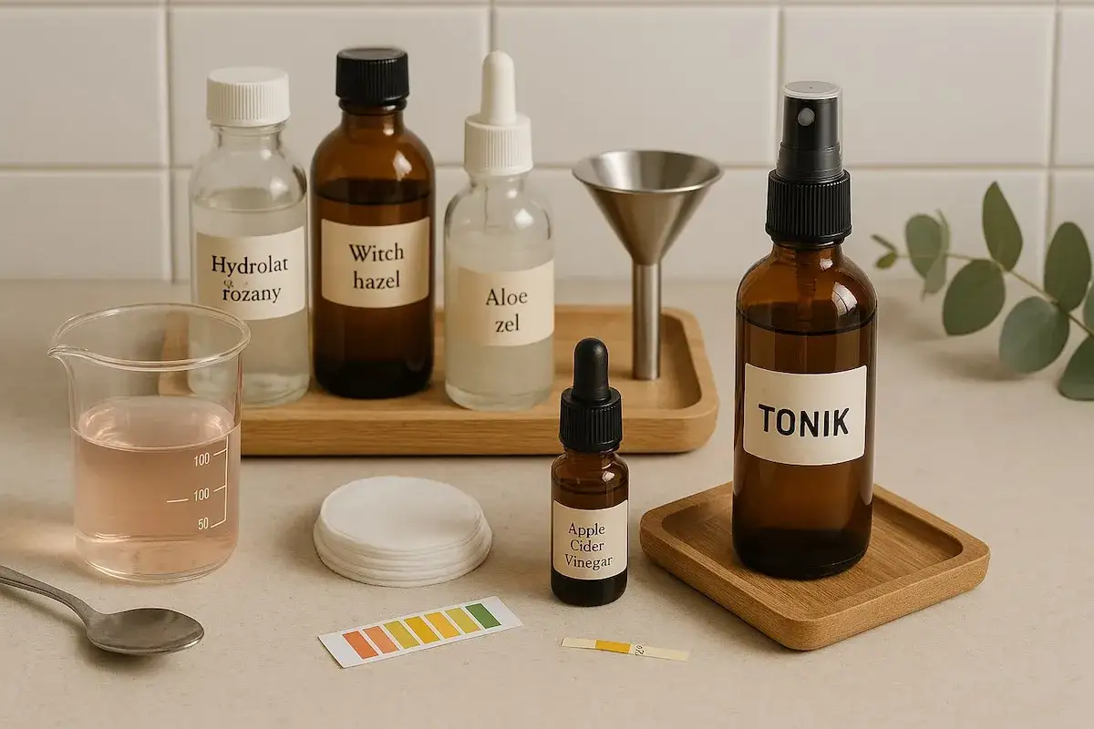 różne rodzaje hydrolatów do cery trądzikowej w butelkach