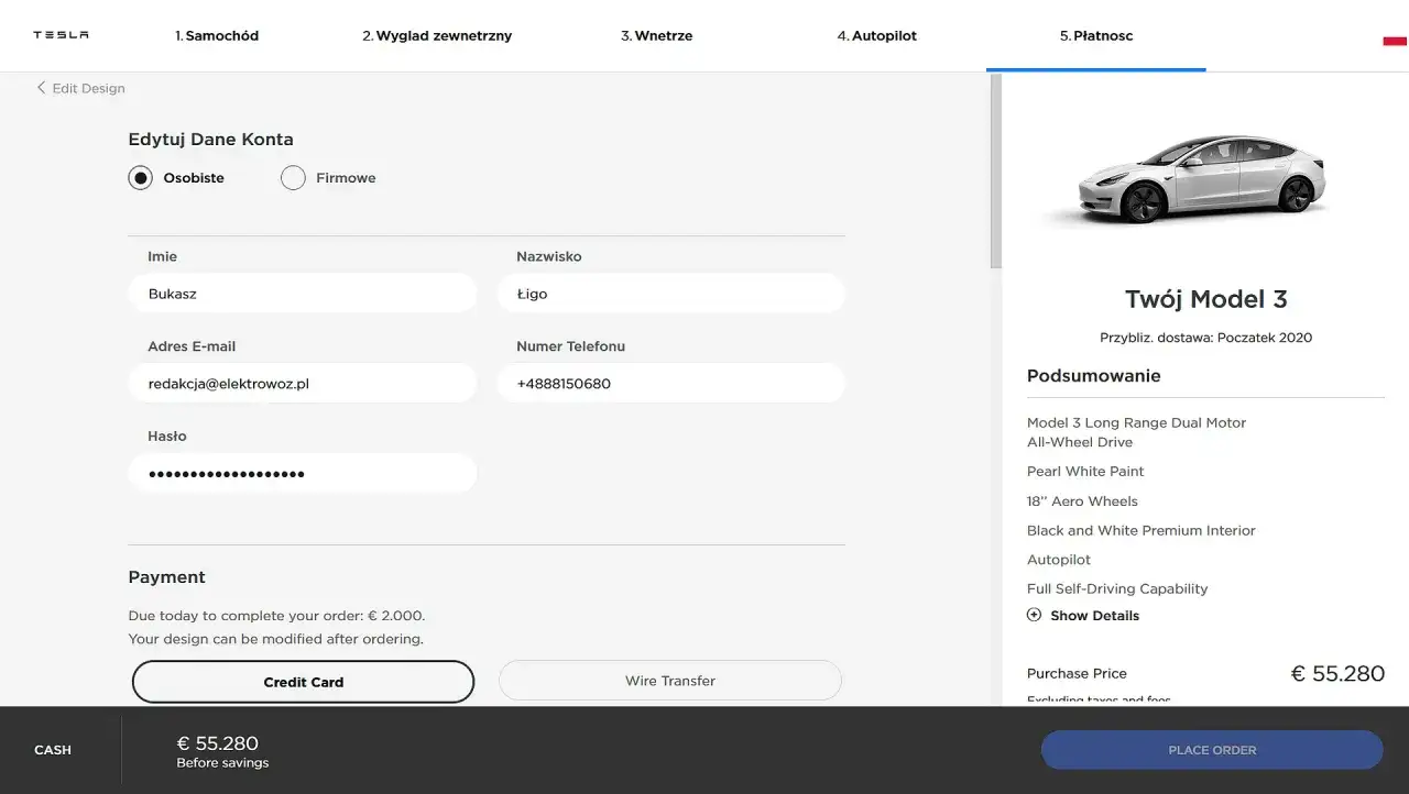 Podsumowanie zam&oacute;wienia Tesli Model 3: cena 55.280 &euro;. Konfiguracja, dane konta i płatność.
