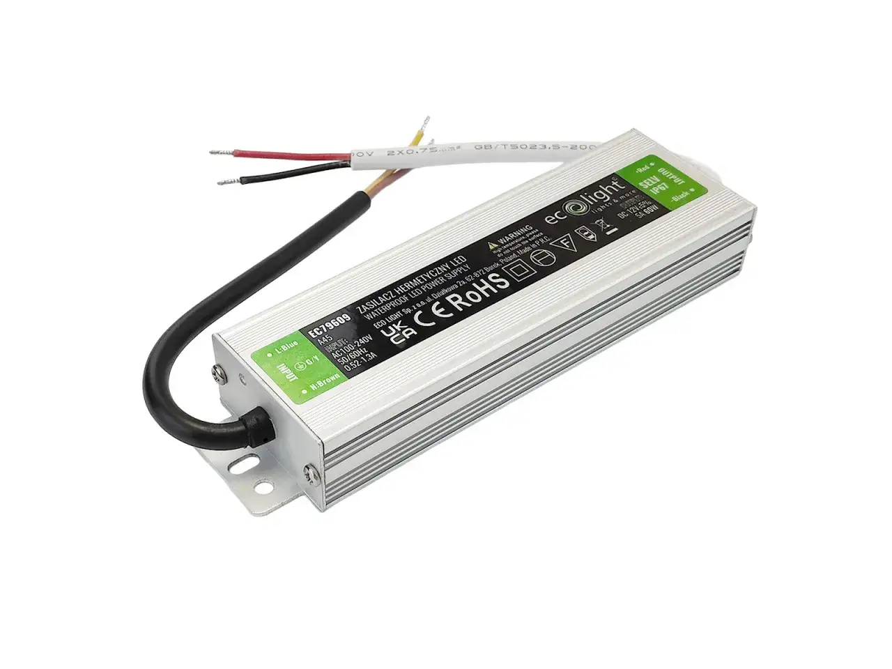 Zasilacze wodoodporne IP67 do LED, model EC79609, zasilanie AC 100-240V, wyjście DC 12V 5A 60W.