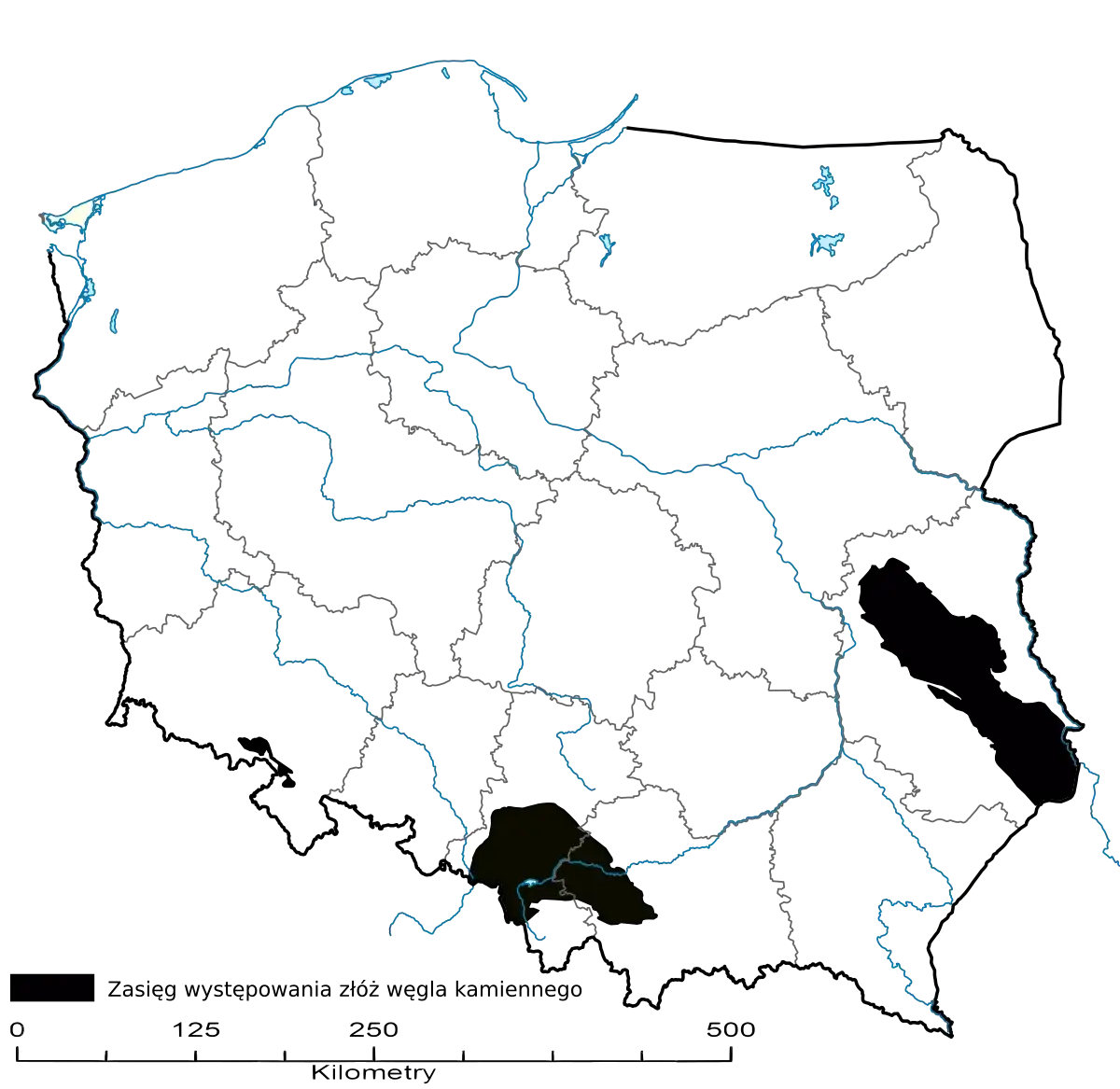 Mapa Polski z zaznaczonym Śląskiem i trasami transportu węgla