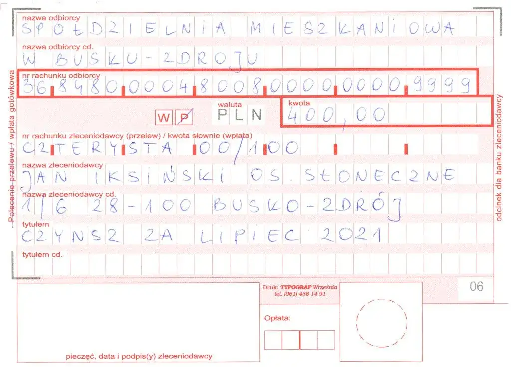 przykładowy rachunek za czynsz spółdzielni mieszkaniowej