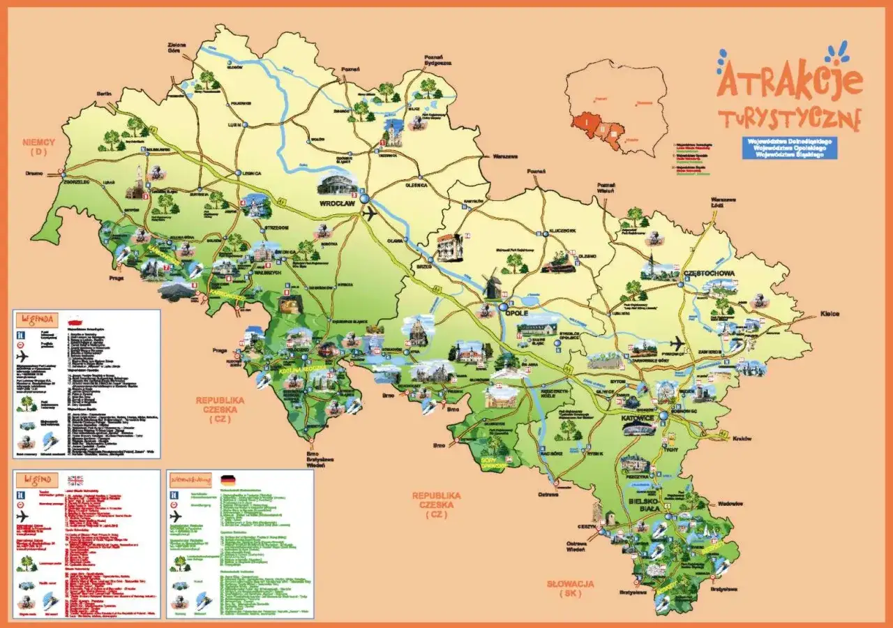 Mapa turystyczna Śląska z zaznaczonymi atrakcjami