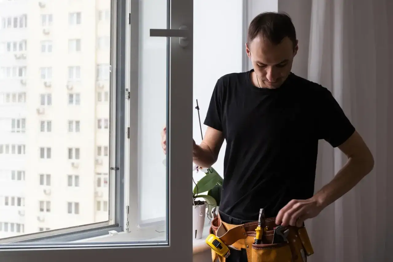 Fachowiec z pasem narzędziowym przy oknie. Trwa wymiana okien w bloku, możliwe dofinansowanie.