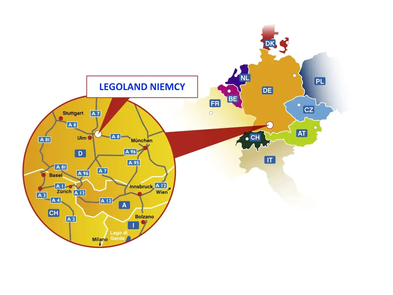 Mapa Europy z zaznaczonym Legolandem w Niemczech. Widoczne są drogi i miasta, m.in. Stuttgart, Ulm, Monachium, Zurych, Innsbruck.