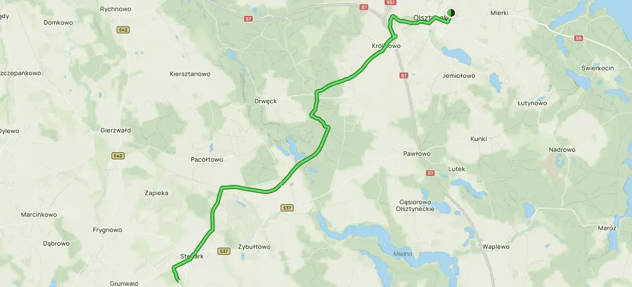 Mapa drogowa z zaznaczoną trasą z Olsztyna do okolic Grunwaldu.