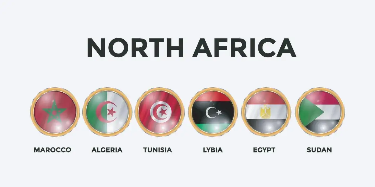 Flagi kraj&oacute;w Afryki P&oacute;łnocnej: Maroko, Algieria, Tunezja, Libia, Egipt, Sudan.