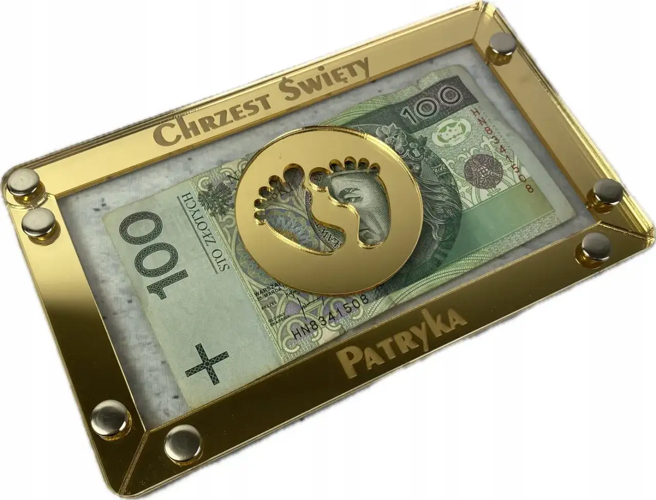 koperta z pieniędzmi na chrzciny, banknoty złote monety