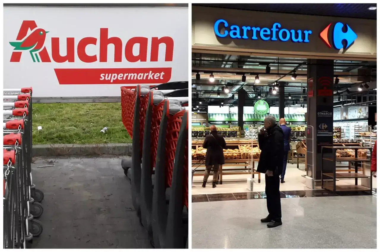 Dwa francuskie hipermarkety: Auchan z wózkami na zewnątrz i Carrefour w środku, gdzie klienci robią zakupy.