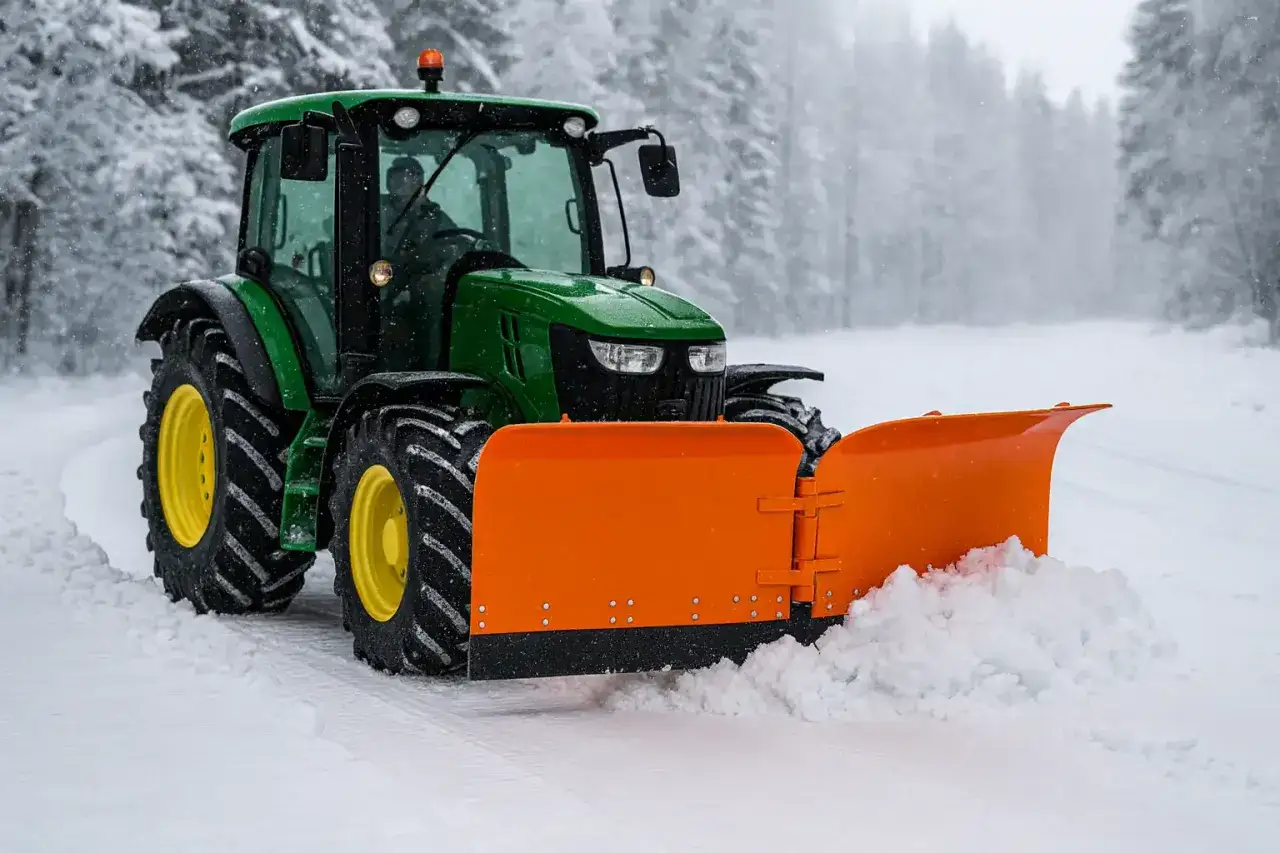 Zielony traktor z pomarańczowym pługiem do odśnieżania pracuje na zaśnieżonej drodze w lesie.