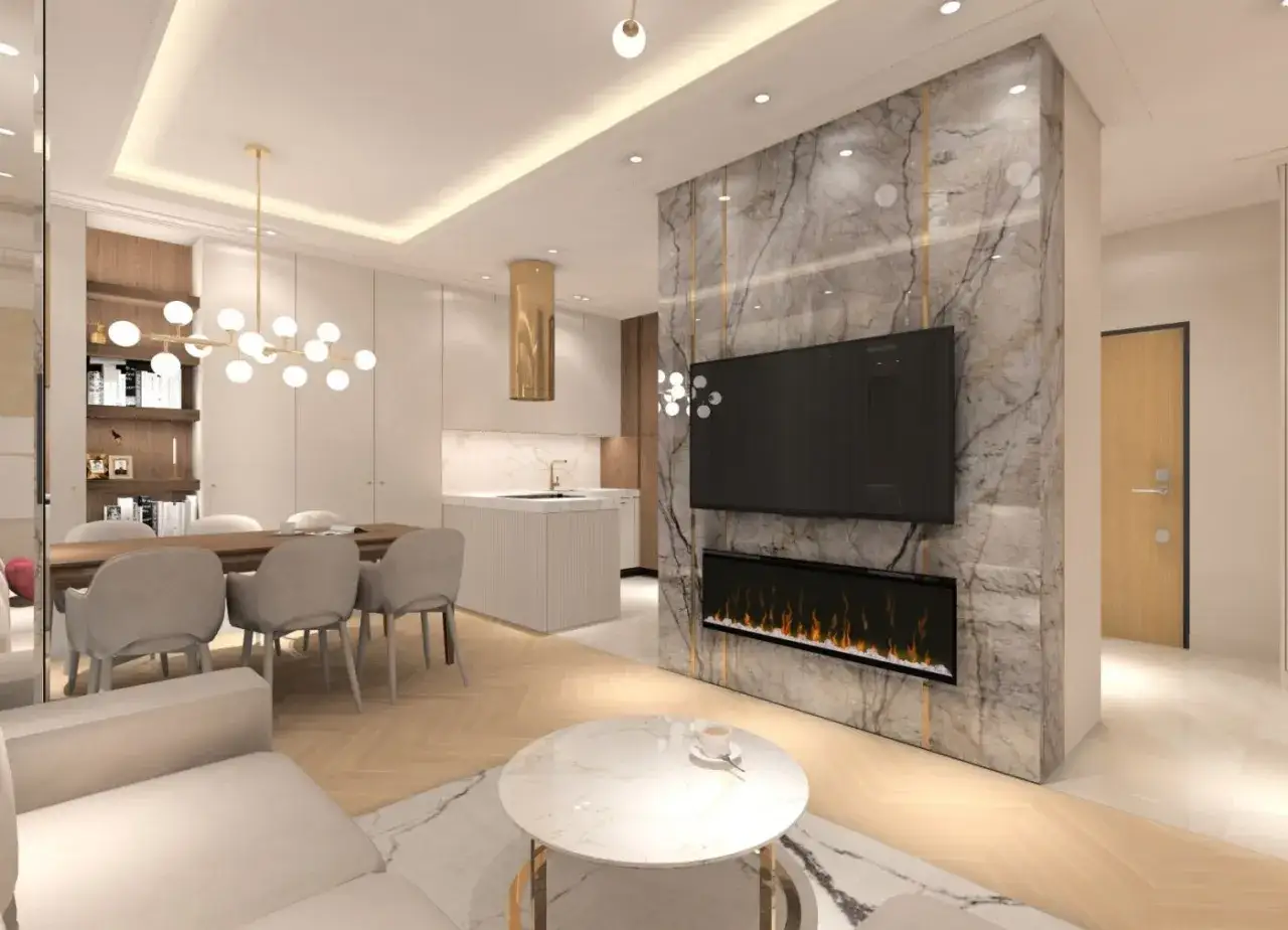 Nowoczesne oświetlenie wysokiego salonu podkreśla elegancję marmurowej ściany z kominkiem i telewizorem.