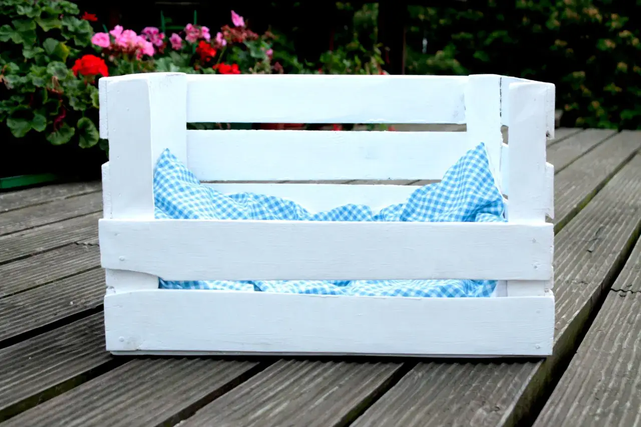 Biała skrzynka z niebieską kratką w środku to gotowe legowisko dla kota. Prosty pomysł na to, jak zrobić legowisko dla kota.