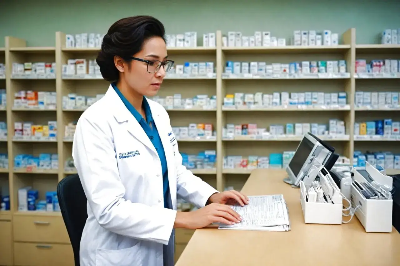 Farmaceutka w białym fartuchu analizuje dokumenty. W tle apteczne p&oacute;łki z lekami. To pokazuje, czym jest recepta farmaceutyczna.