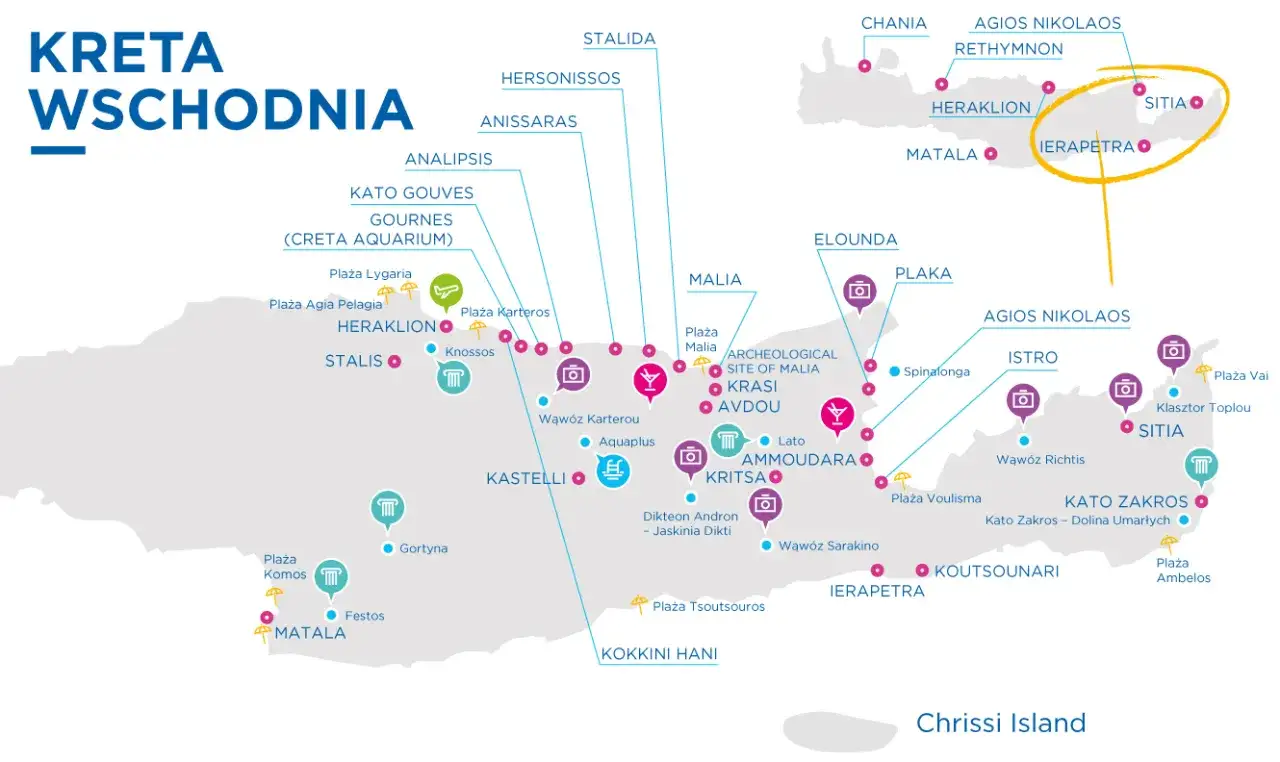 Mapa Krety z zaznaczonymi popularnymi kurortami