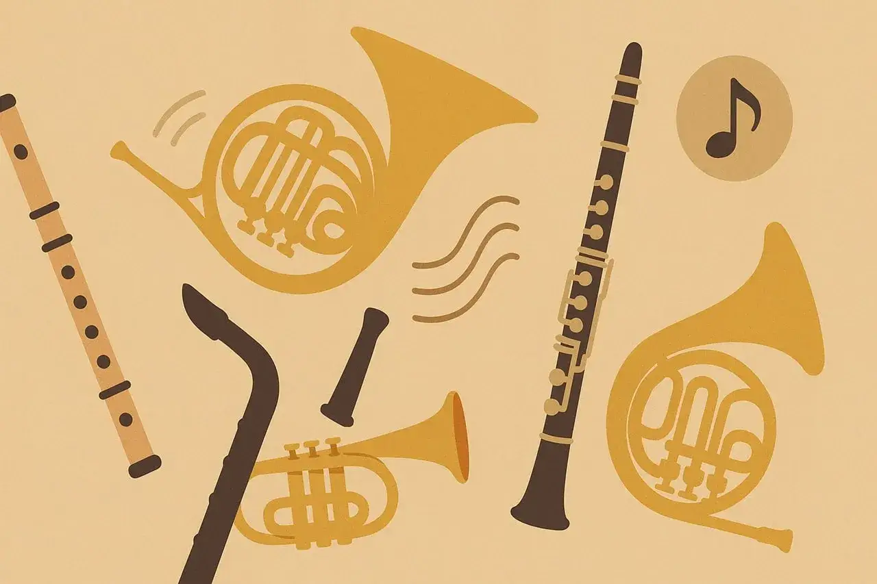 Instrumenty dęte drewniane nazwy: flet, klarnet, saksofon, waltornia. Muzyka gra!