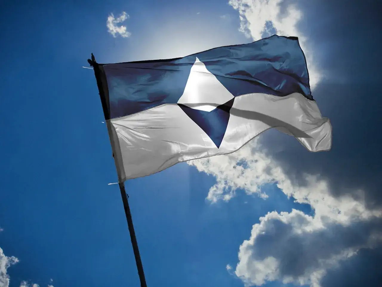 Flaga Antarktydy: biało-niebieska z białym rombem i ciemnoniebieskim trójkątem w środku.