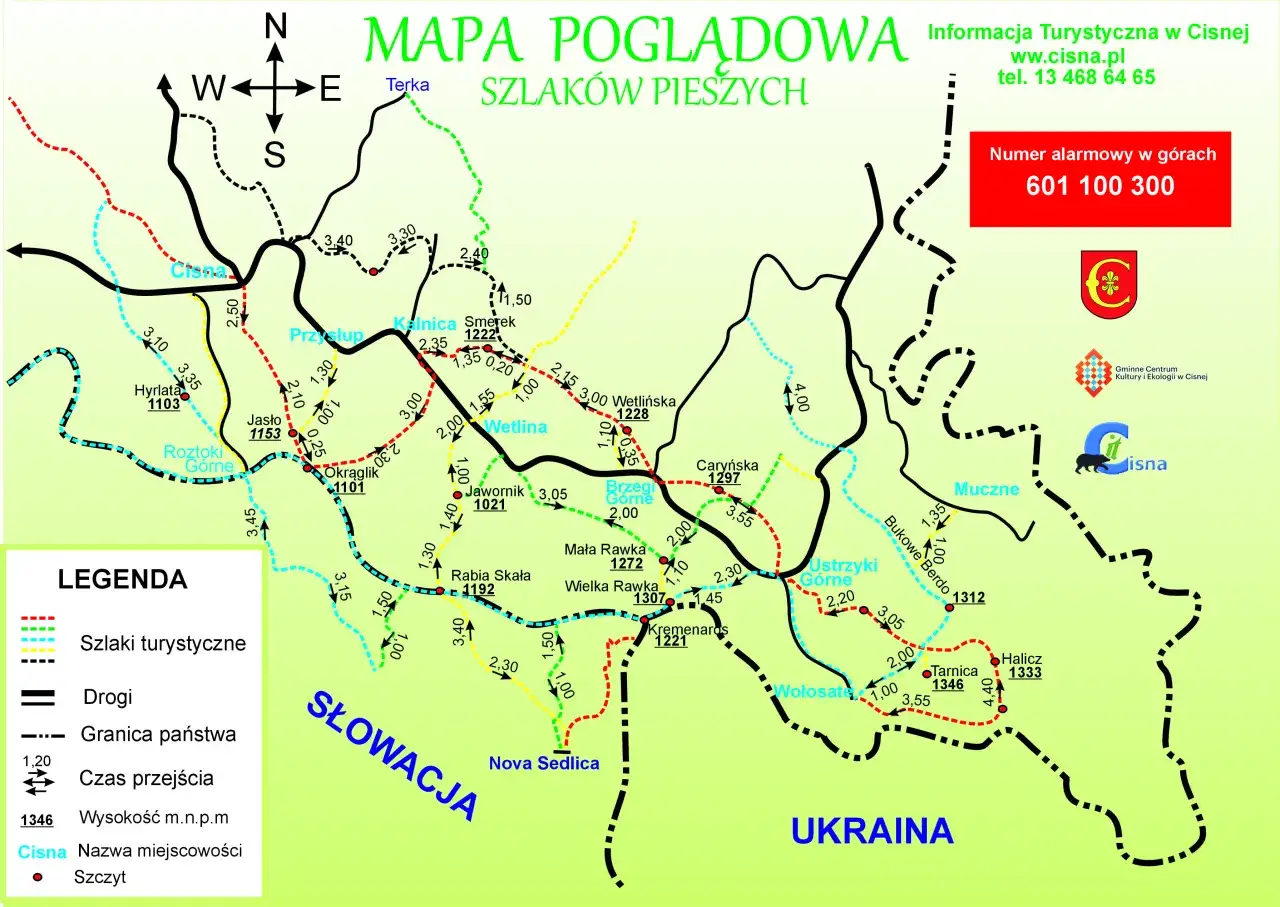 Mapa Bieszczady szlaki turystyczne noclegi