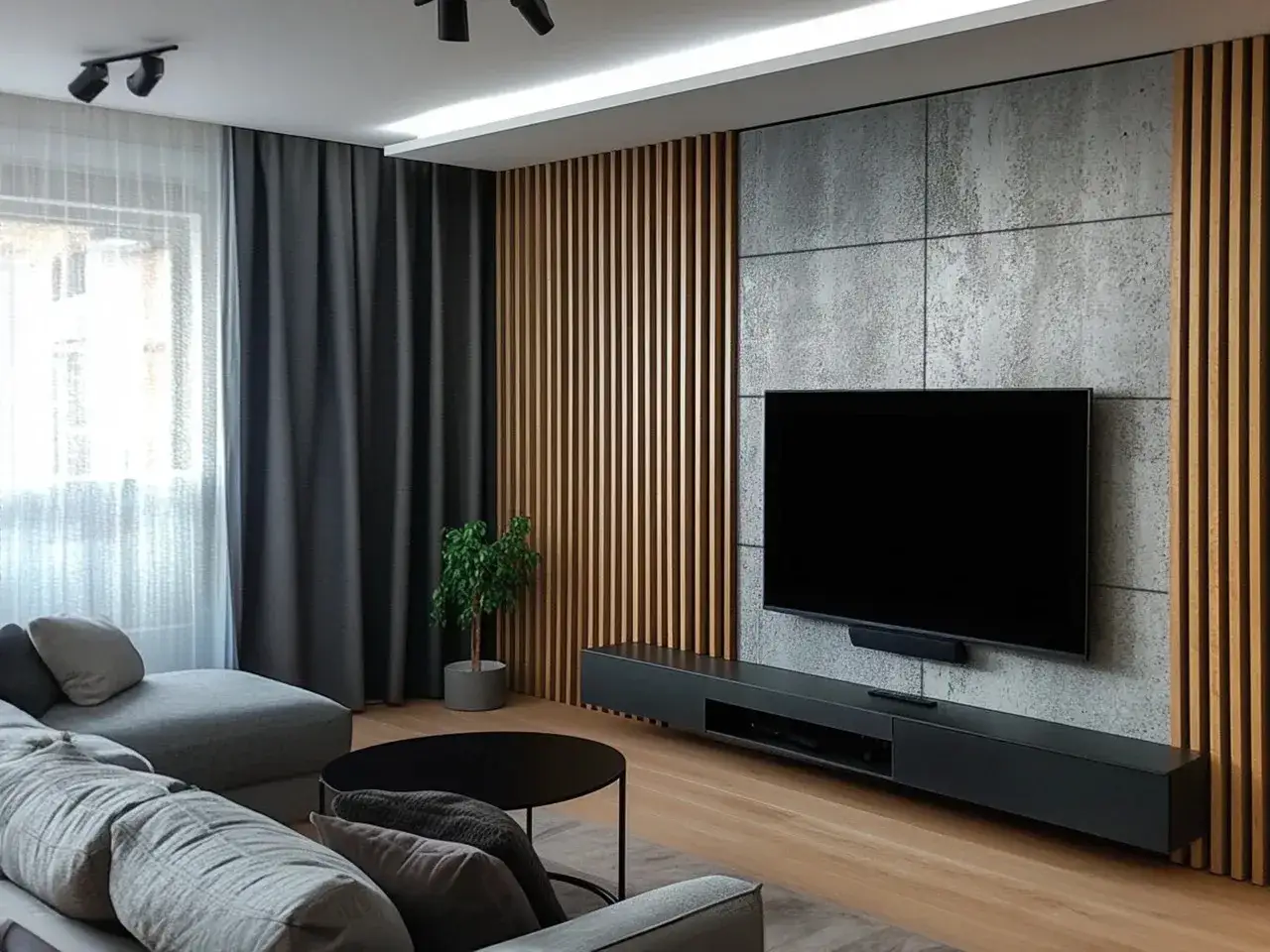 Nowoczesny salon z szarą kanapą, czarnym stolikiem i telewizorem na tle ściany z lameli i betonu.