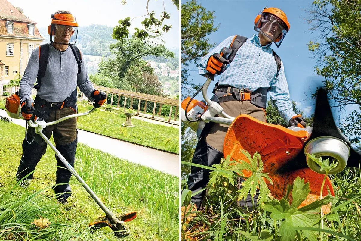 Mężczyzna w ochronnym kasku i okularach pokazuje, jak kosic kosa spalinowa, pracując w trawie.