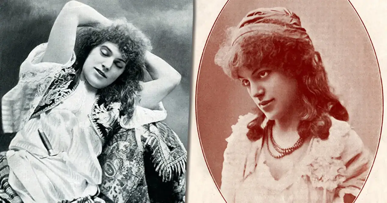 Dwie fotografie Marii Wiśnowskiej: na jednej z nich artystka z burzą lok&oacute;w, na drugiej w ozdobnym nakryciu głowy.