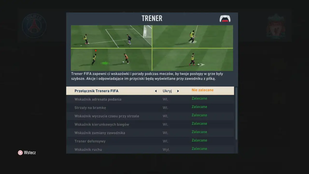FIFA 23 menu ustawienia trenera