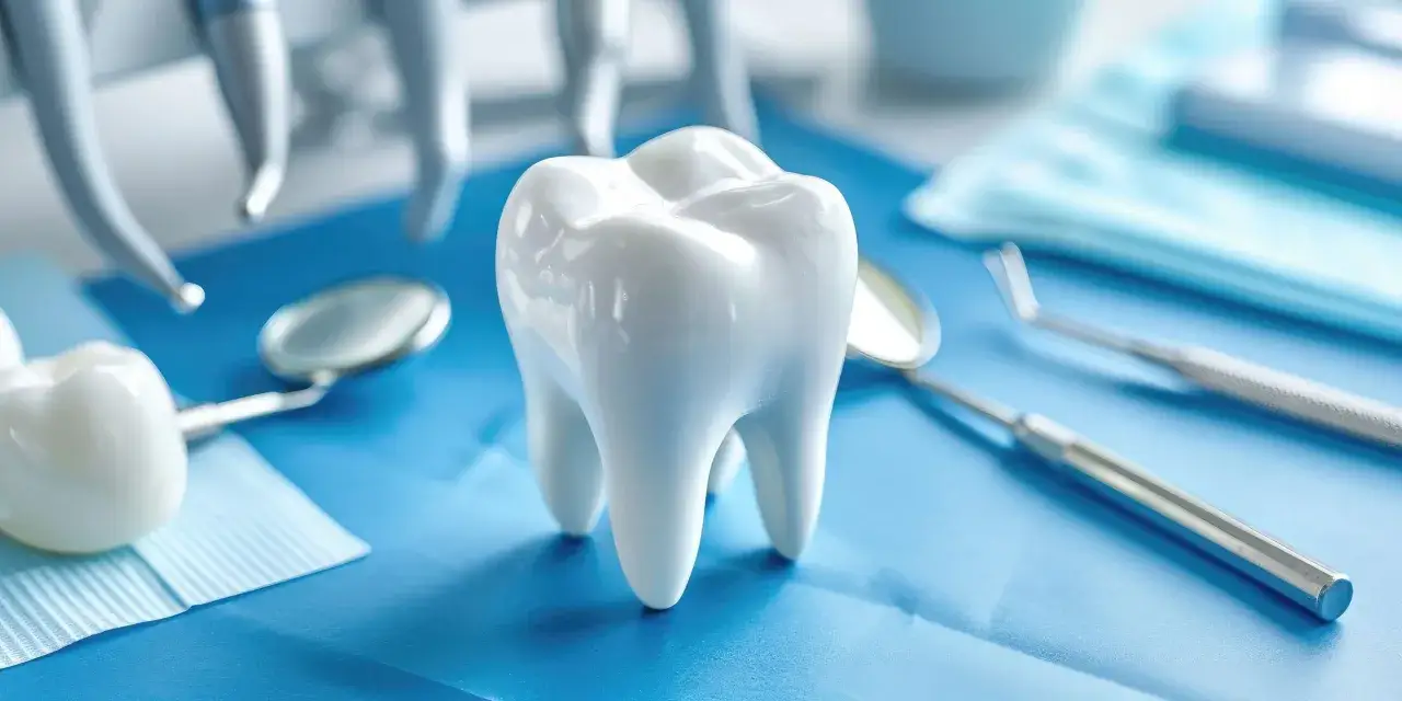 Model zęba, lusterko, wiertła i maseczka chirurgiczna na niebieskim tle. Antybiotyki w stomatologii to ważny element leczenia.