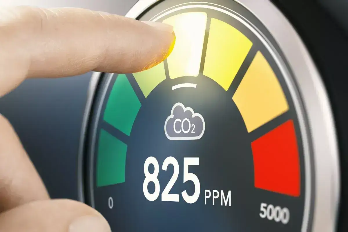 Wskaźnik CO2 pokazuje 825 ppm. Czy to dużo? Tvoc to lotne związki organiczne, które też wpływają na jakość powietrza.