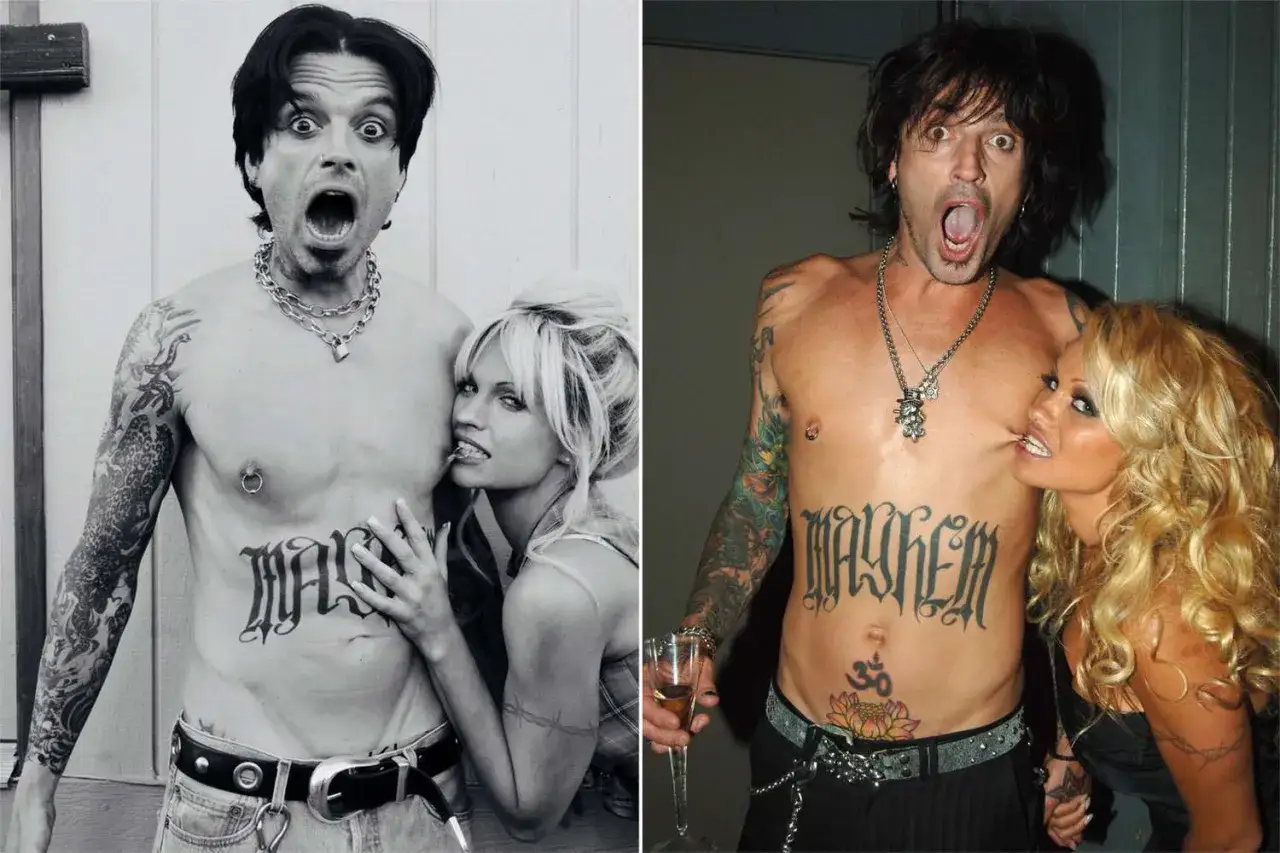 Pamela Anderson i Tommy Lee, z tatuażami na torsie, w prowokacyjnych pozach.
