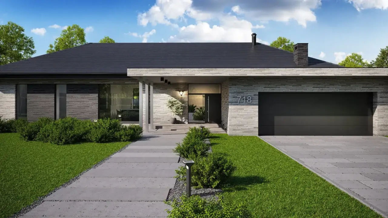 Nowoczesna elewacja domu parterowego z szarej cegły, dużymi oknami i czarnym dachem. Podjazd i ścieżka z płyt betonowych.