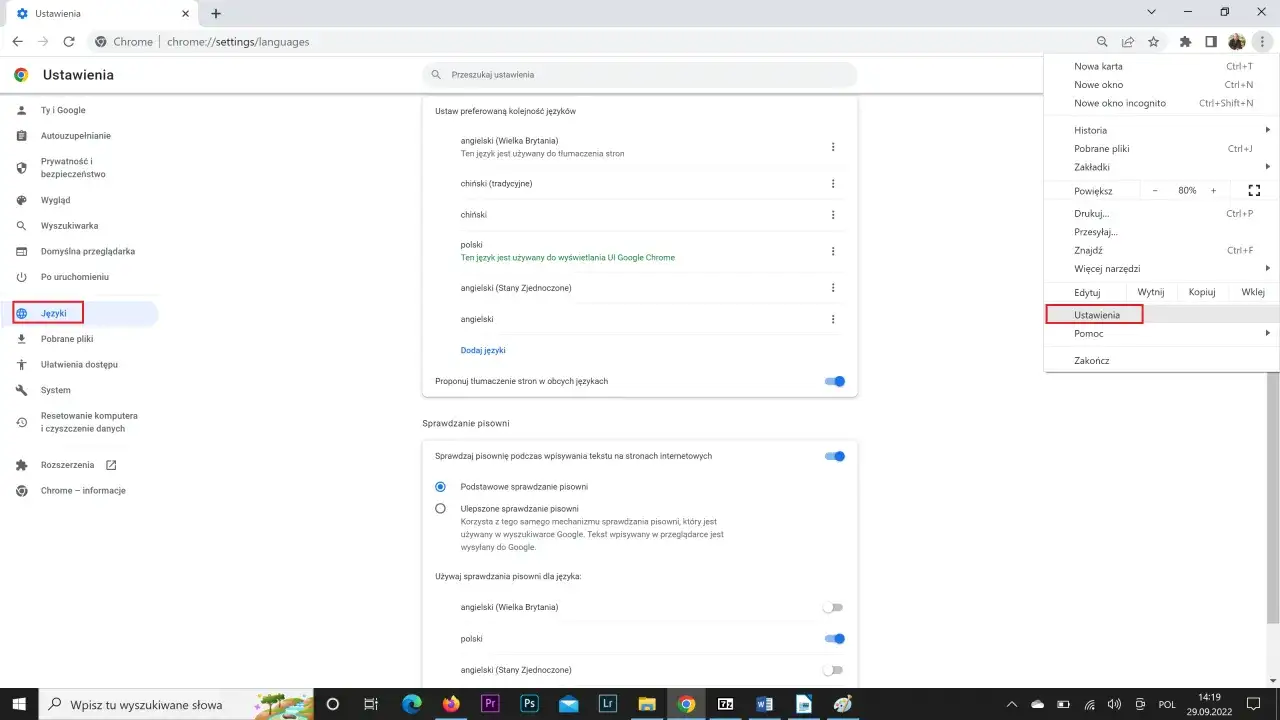 Google Chrome ustawienia języka komputer