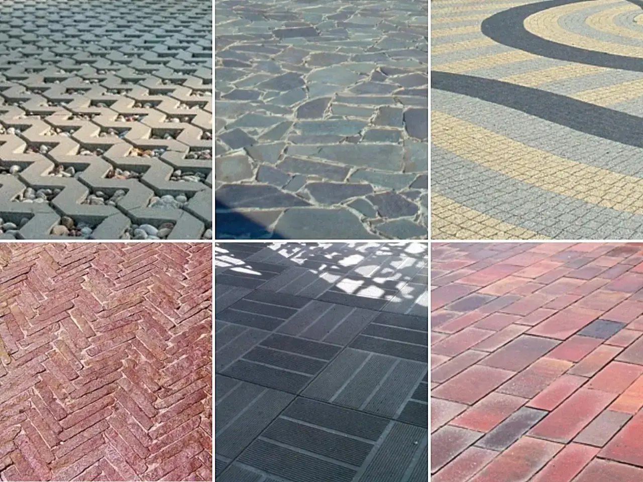 R&oacute;żne opcje na podjazd: ażurowe kostki z kamieniem, łupki, kostka z wzorem, cegła w jodełkę, płyty betonowe, cegła klinkierowa.