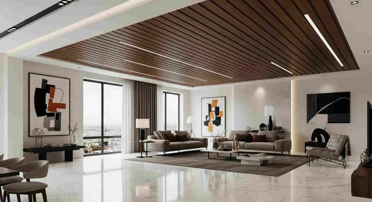Nowoczesna ozdoba sufitu z drewnianych lameli i wbudowanym oświetleniem, tworząca elegancki akcent w przestronnym salonie.