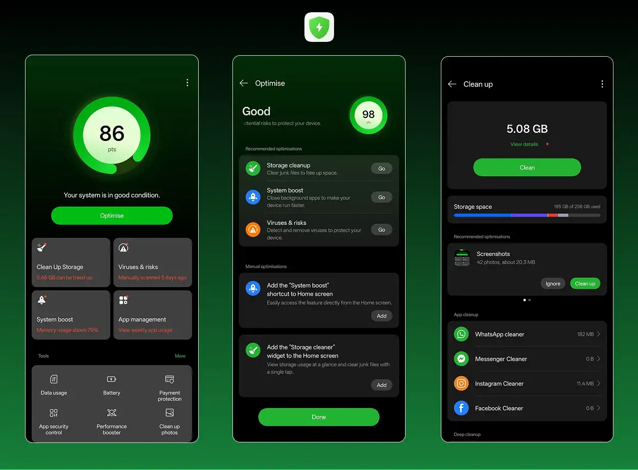 Ekran telefonu pokazuje, jak usunąć aplikacje z telefonu, oferując opcje czyszczenia pamięci i optymalizacji systemu.