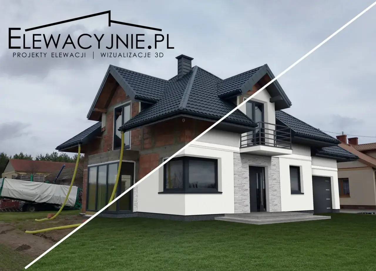 Por&oacute;wnanie stanu surowego z wizualizacją domu. Elewacja z białym tynkiem i kamiennymi płytkami.
