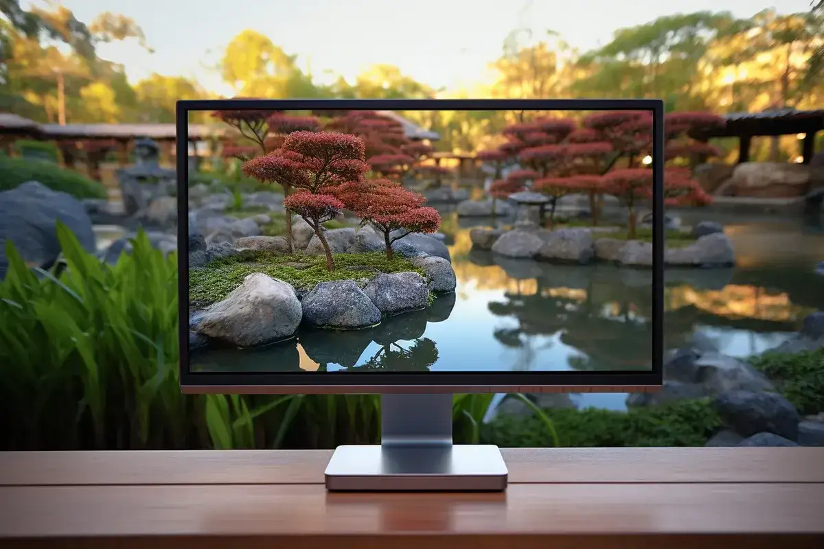 Monitor z japońskim ogrodem, kamieniami i wodą. Czy to jakość full HD czy 4K?