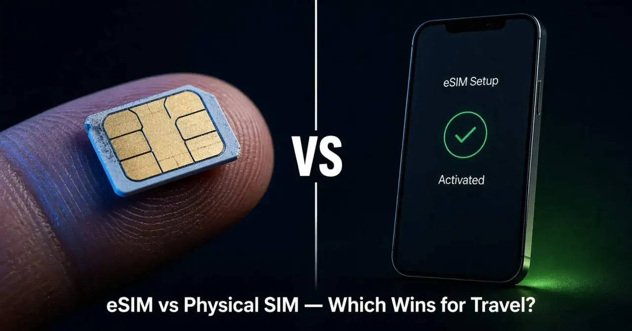 Tradycyjna karta SIM obok ekranu telefonu z aktywnym telefonem z esim. Por&oacute;wnanie technologii.