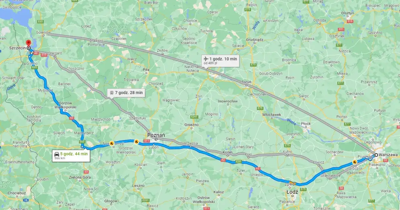 Mapa trasy Szczecin Warszawa samochodem A2 S3