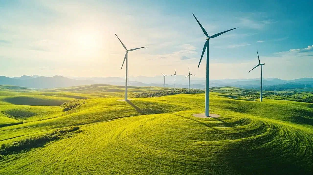 Zielone wzgórza, na których stoi wiatrak elektrownia. Słońce przebija się przez chmury, tworząc magiczną atmosferę.