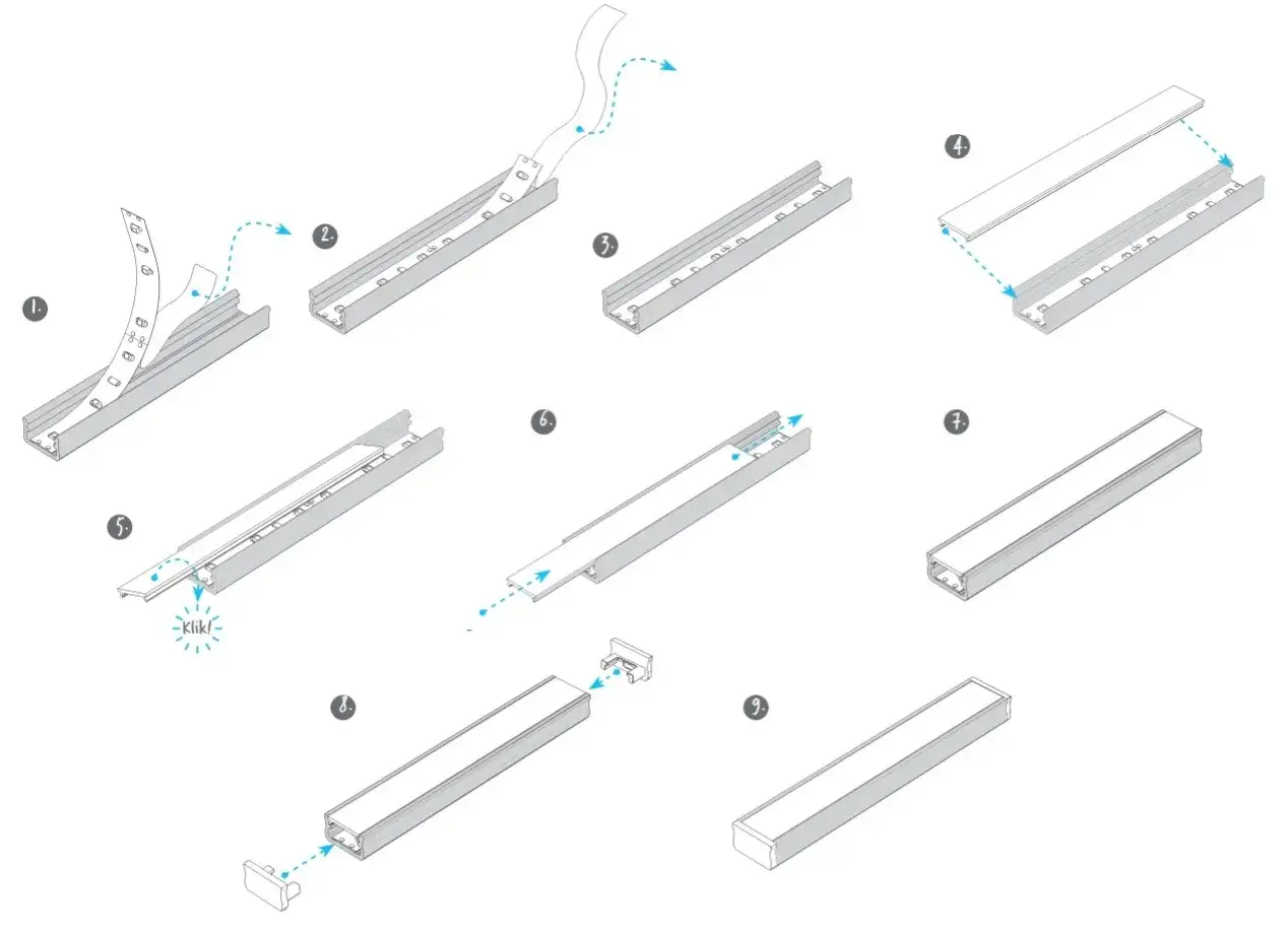 Instrukcja montażu profilu aluminiowego do LED: wklejanie taśmy, wsuwanie klosza i montaż zaślepek.