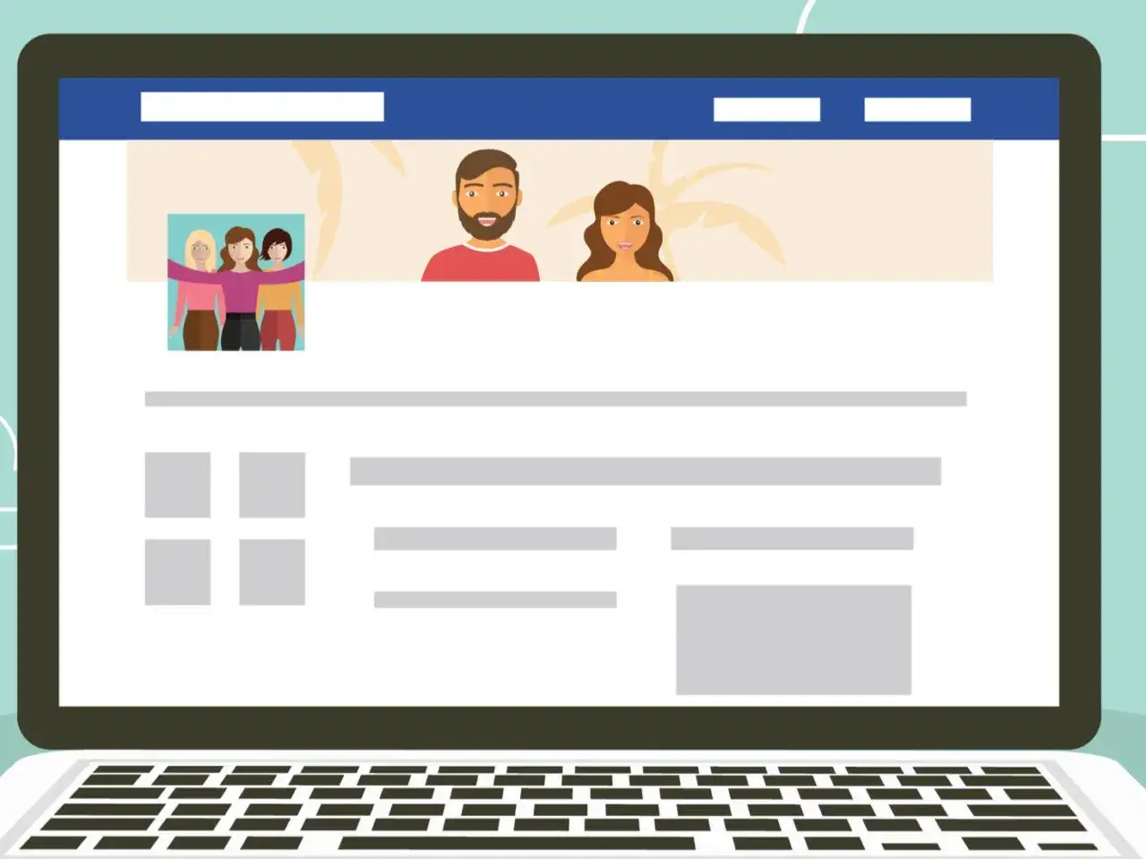 Ilustracja przedstawia ekran laptopa z profilem Facebooka. Widoczni są użytkownicy i ich zdjęcia. Dowiedz się, jak zaktualizować Facebooka, aby cieszyć się nowymi funkcjami.