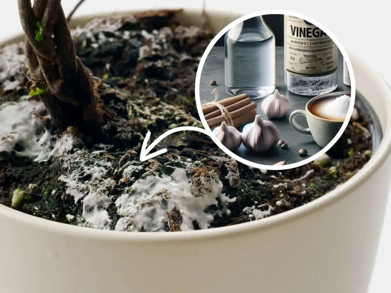 Biały nalot pleśni na ziemi w doniczce, obok wstawka z czosnkiem, cynamonem i octem – naturalne sposoby na fusy z kawy na pleśń w doniczce.