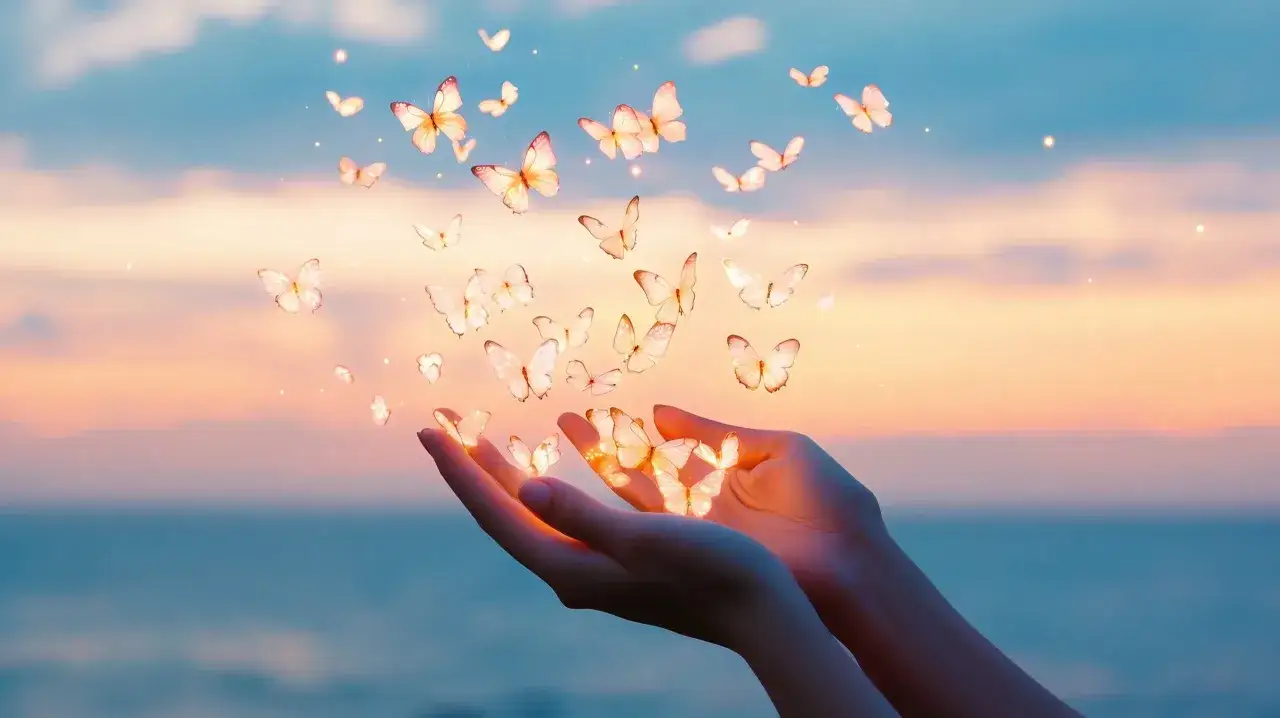 Dłonie wypuszczają świetliste motyle, symbolizujące wolność i pamięć. To jakby pytanie, jak długo nie można ruszać rzeczy zmarłego, by zachować jego ducha.