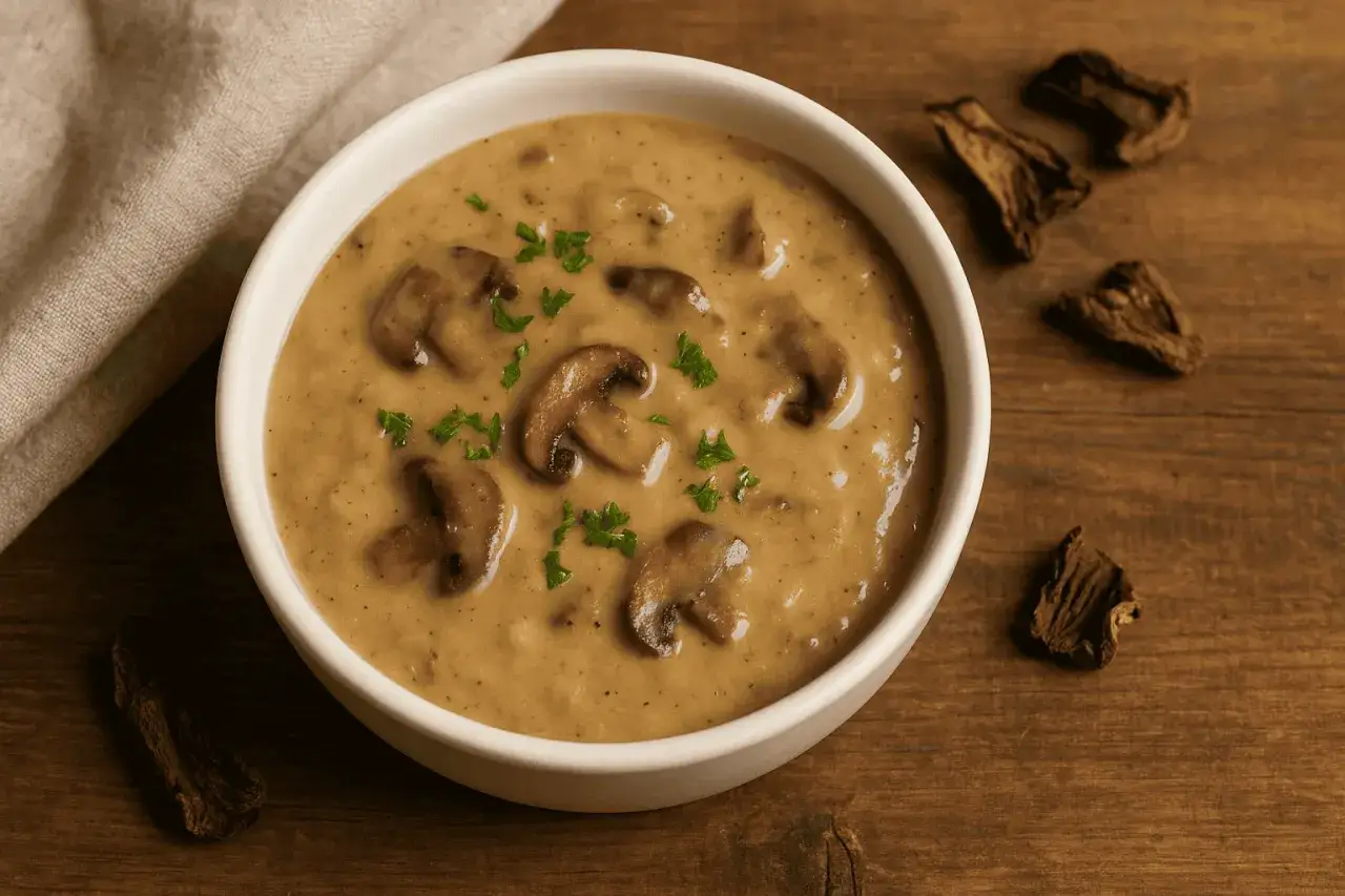 Aksamitny sos grzybowy z suszonych grzyb&oacute;w, udekorowany natką pietruszki, na drewnianym tle.