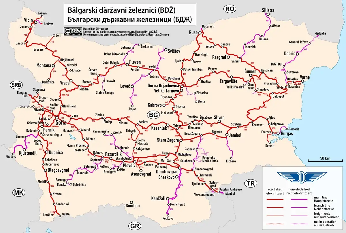 Mapa połączeń kolejowych Polska Bułgaria