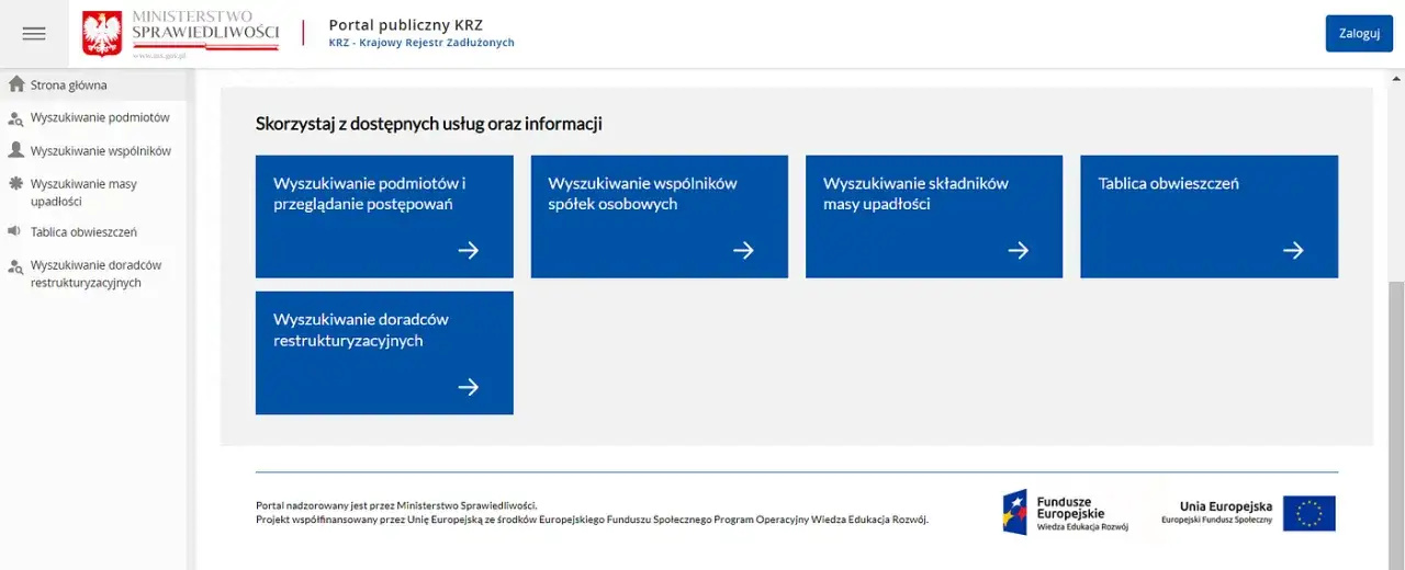Krajowy Rejestr Zadłużonych portal główna strona
