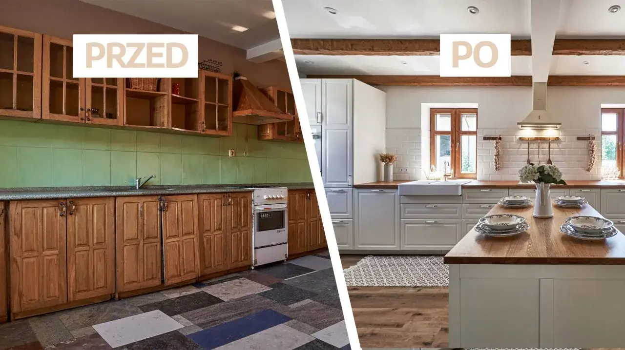 Przed i po remoncie kuchni: stara, drewniana zabudowa kontra nowoczesna, jasna kuchnia. Zobacz, ile trwa remont kuchni i jak odmienić wnętrze.
