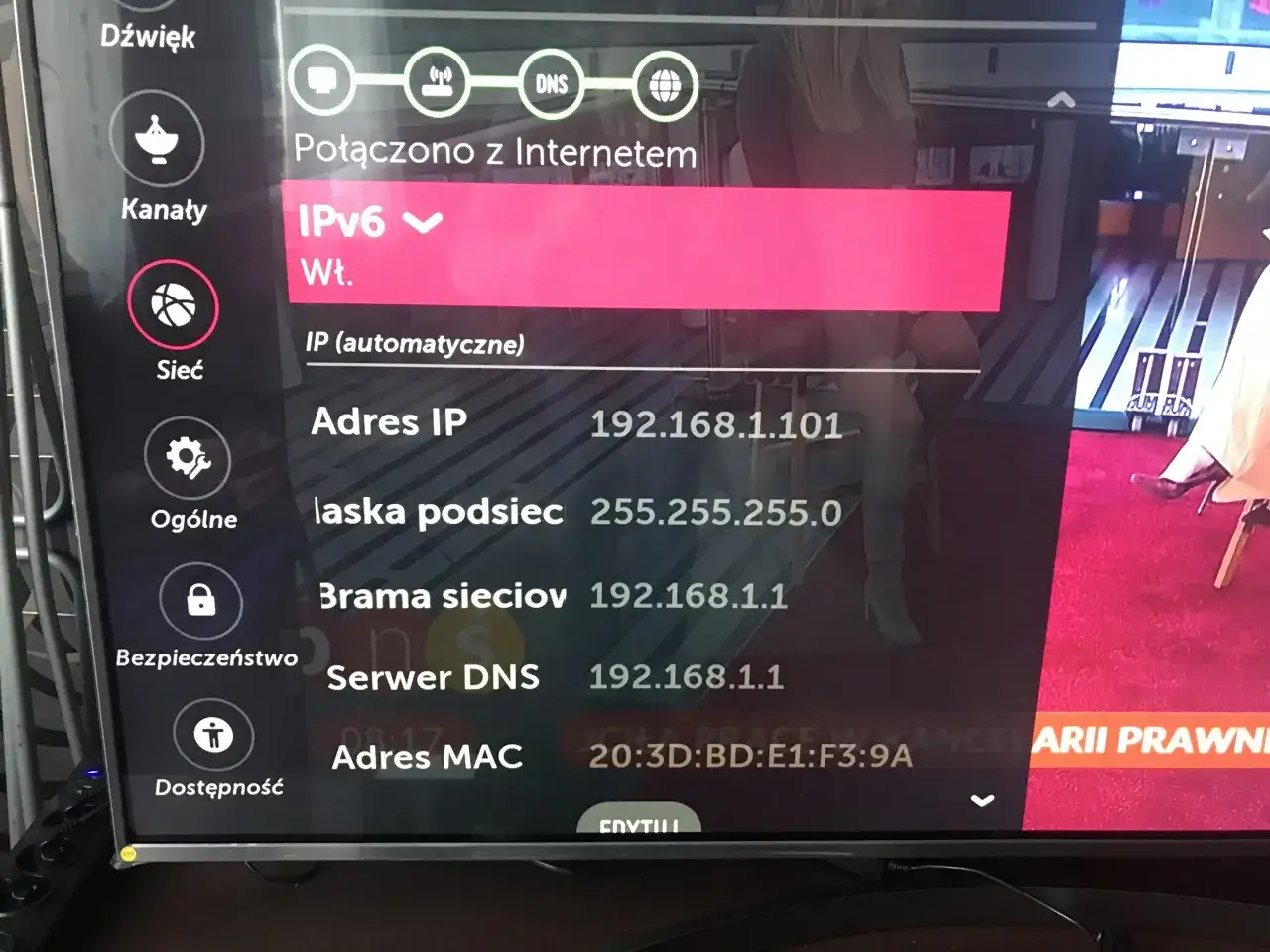 telewizor LG router kabel ethernet
