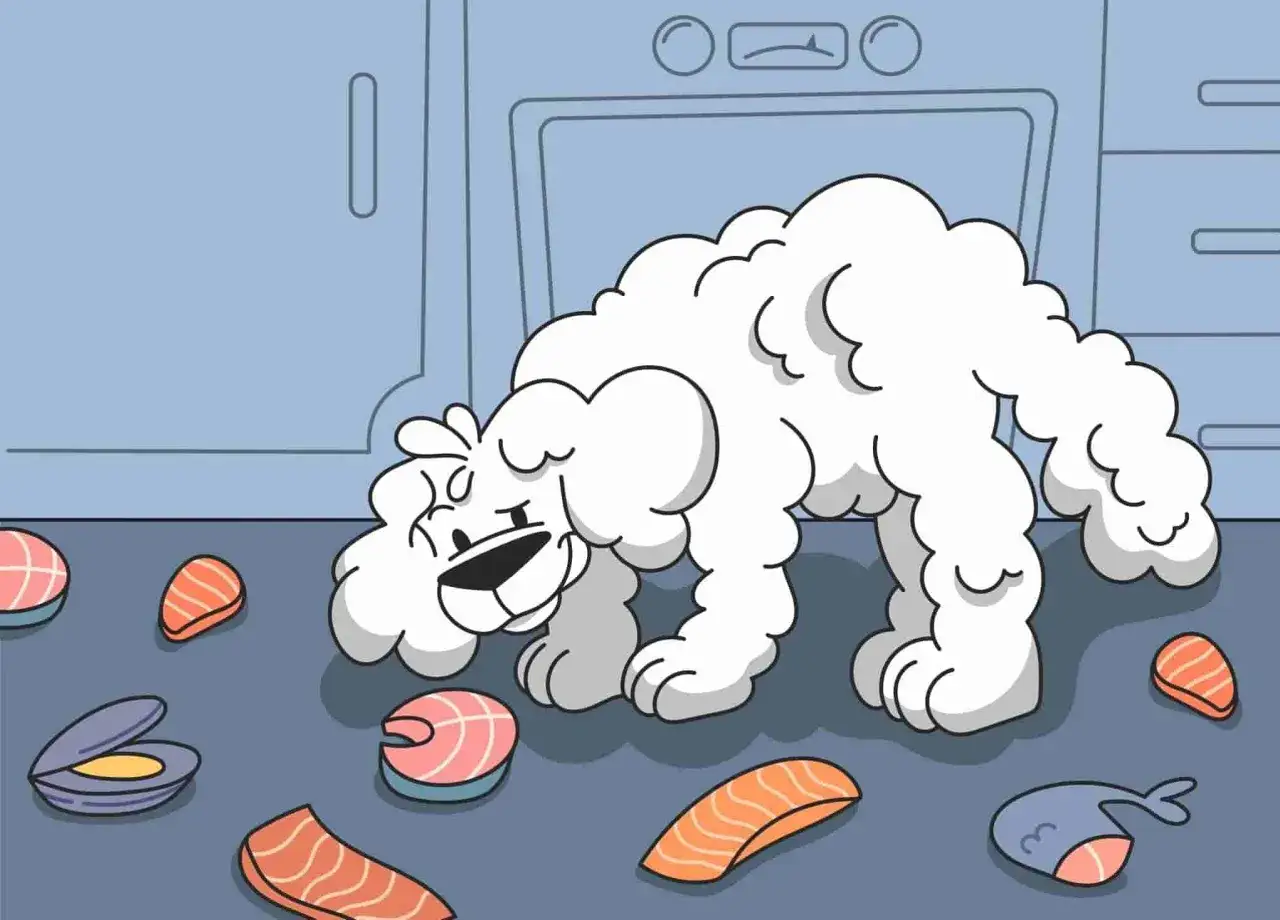 Piesek zastanawia się, czy pies może jeść surową rybę, gdy wokół niego leżą kawałki łososia i ostrygi.