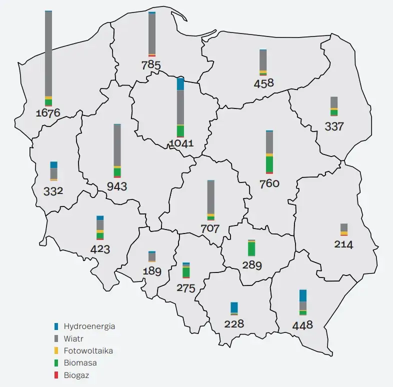 Mapa Polski z zaznaczonymi regionami o wysokiej emisyjności lub inwestycjami w OZE